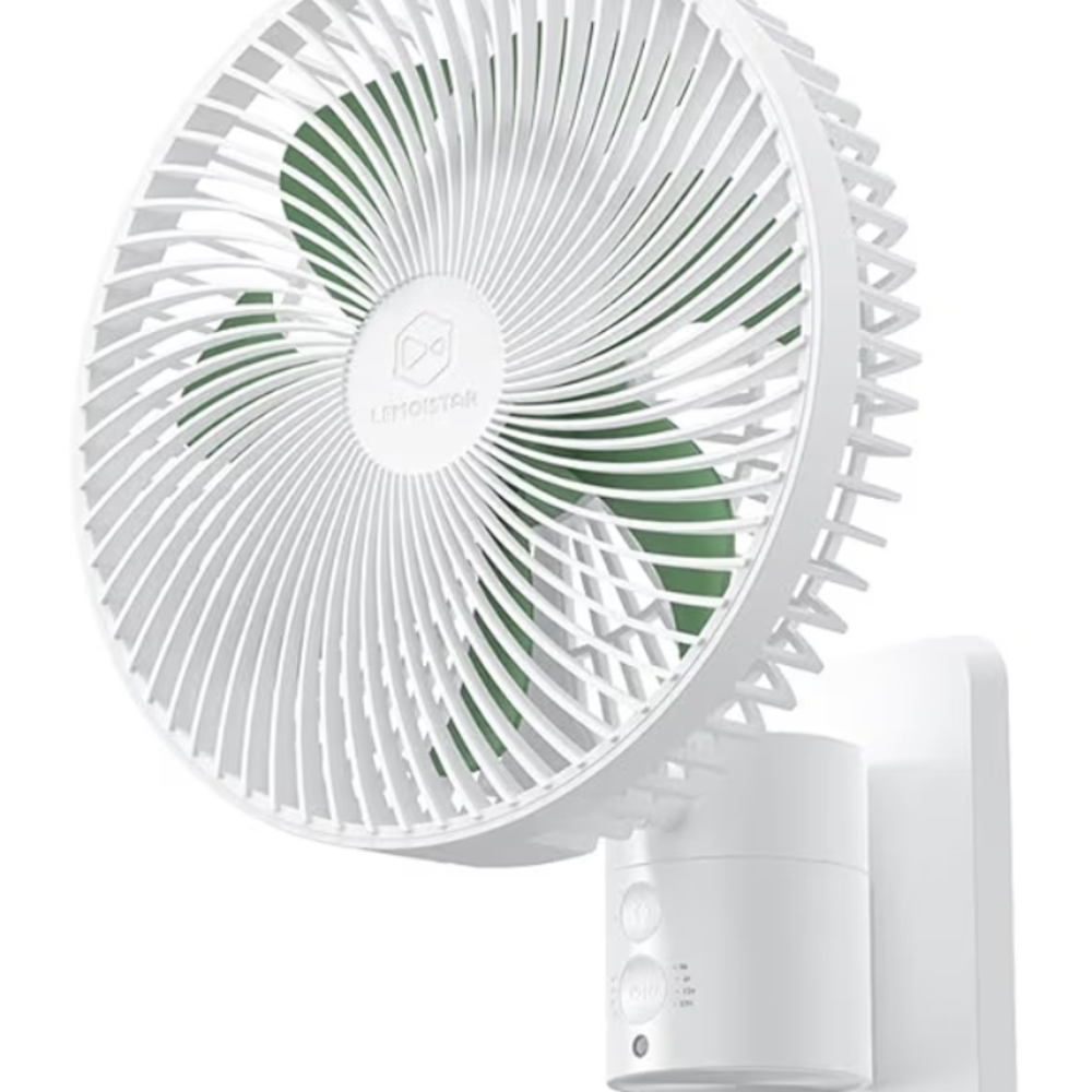 White Wall-Mount Oscillating Fan with Green Blades